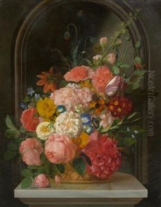 Blumenstillleben Auf Einer Marmorplatte Vor Einer Nische