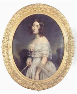 Portrait De Femme A La Robe De Dentelle Blanche Et A L'evantail