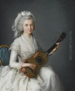 Portrait Of A Lady, Three-quarter Length, In A White Gown And Lace Cap, Seated And Playing A Mandolin by Charles Lepeintre