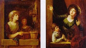 Two Girls At A Window Looking At A Bird In A Cage by Charles Lepeintre