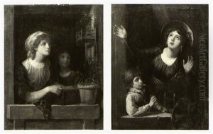 Two Girls At A Window Looking At A Bird In A Cage, And An Elegantly Dressed Young Woman And A Boy At A Window by Charles Lepeintre