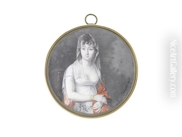 A Lady, Seated And Wearing White Dress, Scarlet Stole And White Lace Veil, A Multi-stranded Gold Bracelet On Her Right Wrist, A Small Posy Of Purple Pansies In Her Left Hand - view 1