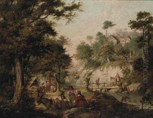 A Wooded Landscape With Gypsies Outside A Tent, Figures On A Wooden Bridge, And A House Beyond by Nicolas Bernard Lepicie