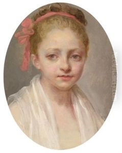 Portrait Of A Girl, Head And Shoulders, Wearing A White Chemise, A Red Ribbon In Her Hair