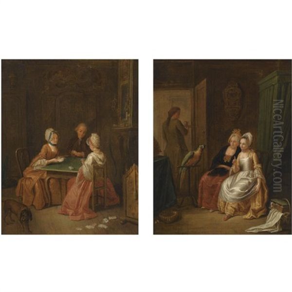 An Interior With Two Ladies And A Gentleman Playing Cards (+ An Interior With Two Ladies And A Parrot; Pair) - view 1