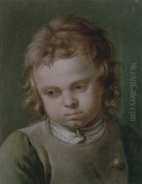 Portrait Of A Young Boy Wearing A Grey Smock And A Green Shirt - view 1