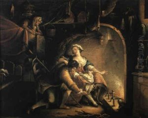 A Lover Surprised By A Serving Girl's Dog At A Fireside by Nicolas Bernard Lepicie
