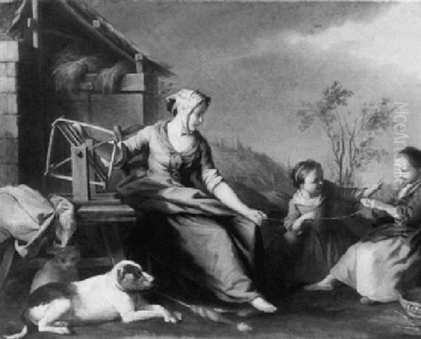 A Woman And Two Girls Spinning Yarn - view 1