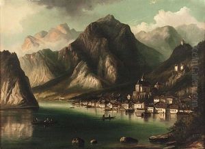 Blick Auf Den Hallstattersee Mit Hallstatt Im Abendlicht