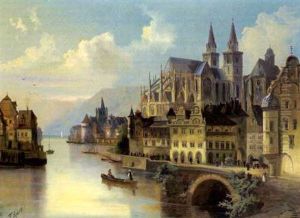 Ansicht Einer Stadt Am See Mit Kathedrale