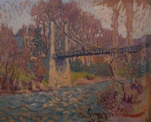 Suspension Bridge Over River by Joseph Louis Lepine