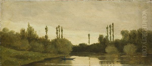 Baumgesaumte Flusslandschaft Mit Ruderboot - view 1