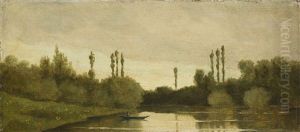 Baumgesaumte Flusslandschaft Mit Ruderboot by Stanislas Lepine