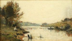 Pecheur Et Promeneur Assis Au Bord De La Riviere