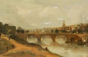 Flusslandschaft Mit Brucke Und Blick Auf Ein Stadtchen Flusslandschaft Mit Brucke Und Blick Auf Ein Stadtchen
