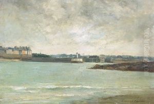 Kustenlandschaft Mit Hafeneinfahrt Und Leuchtturm