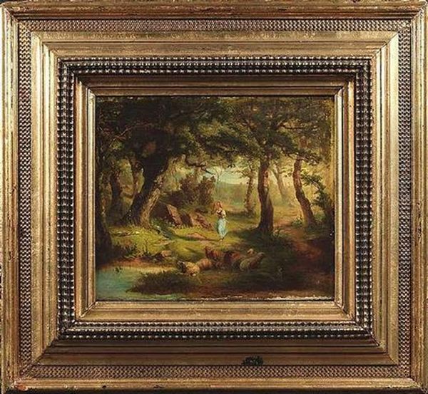 Junge Schafhirtin Mit Ihren Tieren In Einem Wald - view 1