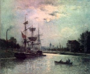 Caen, Le Canal Et L'eglise Saint-jean, Effet De Lune