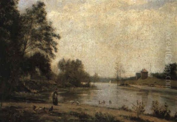 Paysage En Bord De Riviere, Avec Figure - view 1