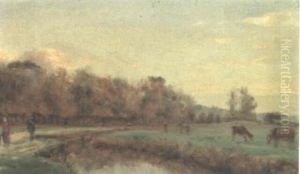 Cattle And Figures In A River Landscape by Stanislas Lepine