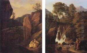 Moines Dans Un Paysage De Montagne by Pierre Jean Baptiste Ernest de Buchere de Lepinois