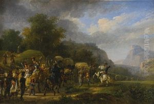 A Military Convoy In A Mountainous Landscape by Auguste-Xavier Leprince
