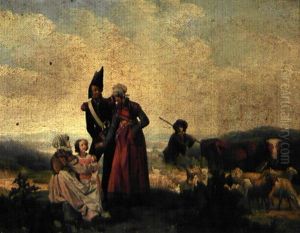 Un Soldat Napoleonien Et Sa Familly En Promenade A La Campagne by Auguste-Xavier Leprince