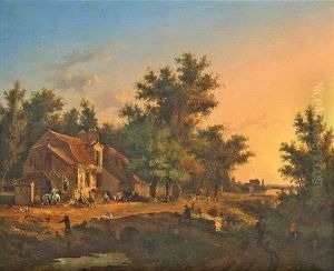 Sommerliche Landschaft Mit Einem Gehoft Unter Hohen Baumen Im Abendlicht