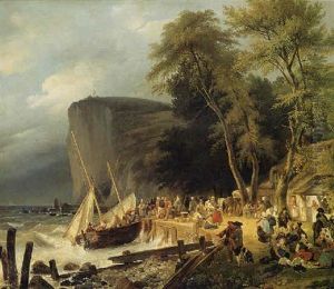 A View Of The Coast At Le Havre By La Heve, With A Fishing Boat Moored At A Quay And Peasants Resting Before An Inn by Auguste-Xavier Leprince