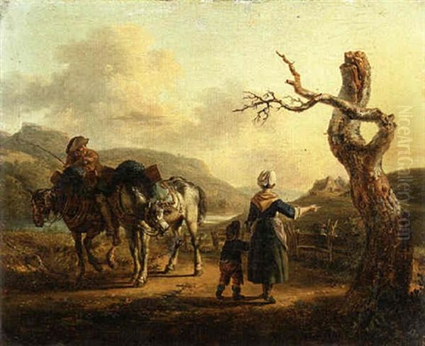A Traveller On Horseback Conversing With A Mother And Child On A Path - view 1