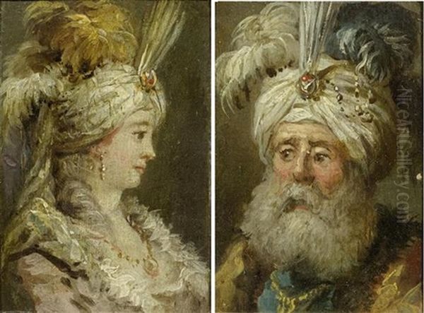 Portrat Einer Dame Und Eines Bartigen Mannes Mit Turban Und Federn (pair) - view 1