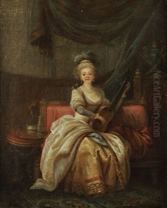Portrait De Jeune Femme Sur Un Sofa Jouant De La Guitare by Jean-Baptiste Leprince