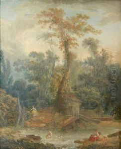 Enfants Taquinant Les Canards Dans Un Paysage Champetre by Jean-Baptiste Leprince