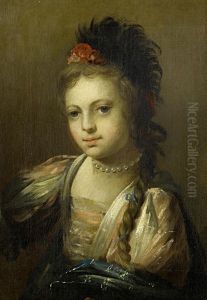 Portrait Of A Girl In A Pink And White Dress And Blue Shawl, With A Pearl Necklace And Feather Headdress