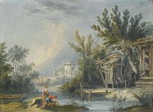 A River Landscape With A Couple Fishing By A Hut, A Village Beyond
