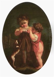 Zwei Kinder Mit Hund Und Schale Milch by Jean-Baptiste Leprince