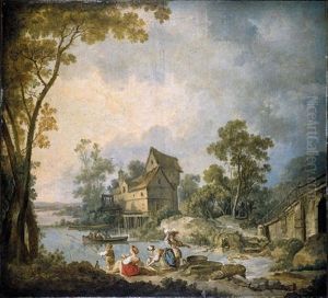A Mill Scene With Women Washing Clothes In A River, A Boy Fishing Nearby by Jean-Baptiste Leprince