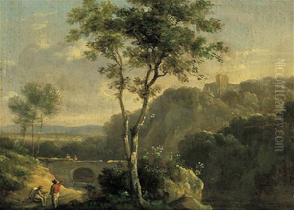 Gebirgige Landschaft Mit Figuren Und Herdenzug (+ Another, Similar; Pair) - view 1
