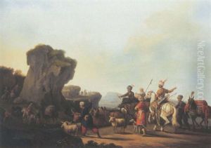 Une Caravane D'orientaux Dans Un Paysage Rocheux