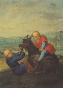 Zwei Asiatische Jungen Mit Ziege Spielend Zwei Asiatische Jungen Mit Ziege Spielend