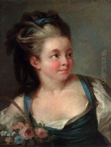 Portrait Of A Young Girl In A Blue Dress With A Basket Of Flowers