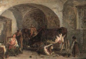 Stable Interior With A Mother, Child And Cows