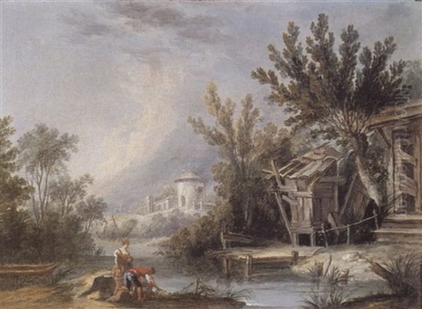 A Couple Fishing In A Wooded River Landscape - view 1
