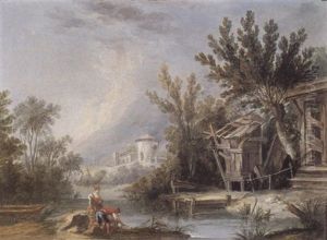 A Couple Fishing In A Wooded River Landscape A Couple Fishing In A Wooded River Landscape