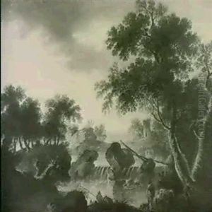 An Extensive Wooded River Landscape With A Muleteer And A A Herdsman By A Cascade, A Tower Beyond by Jean-Baptiste Leprince