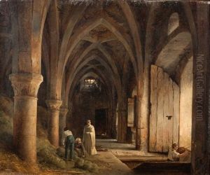Interieur D'eglise Avec Un Jeune Homme Sortant De La Cave