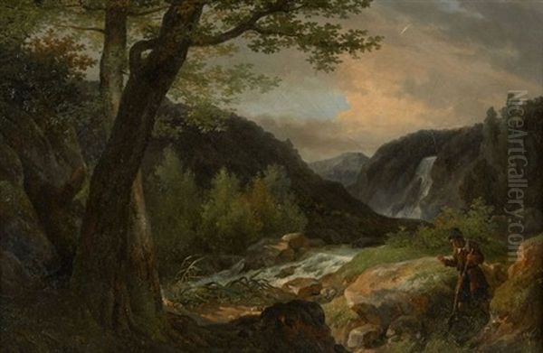 Promeneur Pres D'une Cascade Dans Un Paysage - view 1