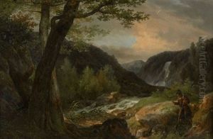 Promeneur Pres D'une Cascade Dans Un Paysage Promeneur Pres D'une Cascade Dans Un Paysage