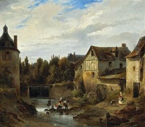 A View Of A Village With Women Washing Clothes In A Stream A View Of A Village With Women Washing Clothes In A Stream