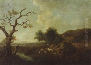 Berger Et Son Troupeau Sur Un Chemin Pres D'un Lac by Robert Leopold Leprince